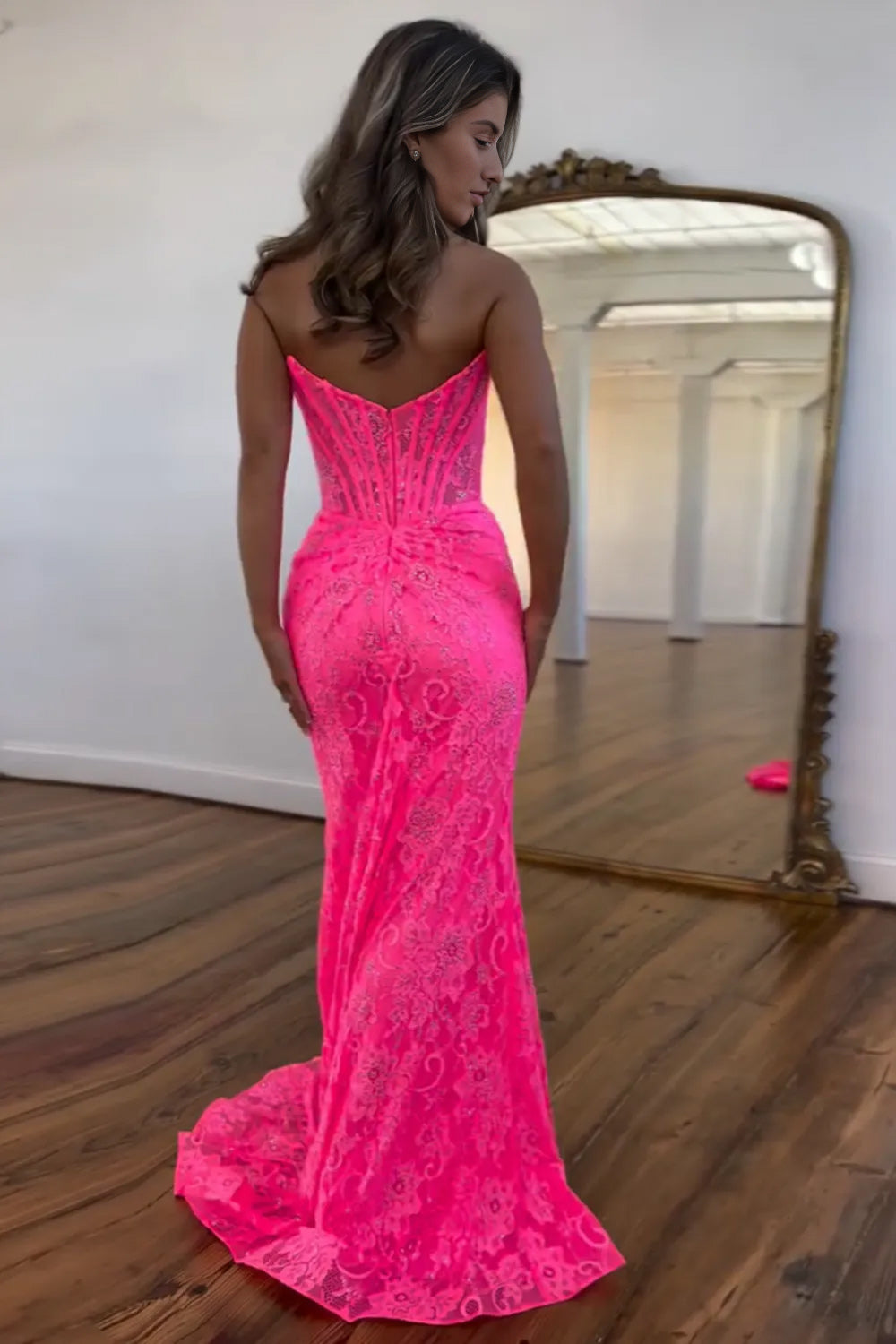 Mandy | Lavender Strapless Lace Ruched Mermaid Prom Dress with Slit