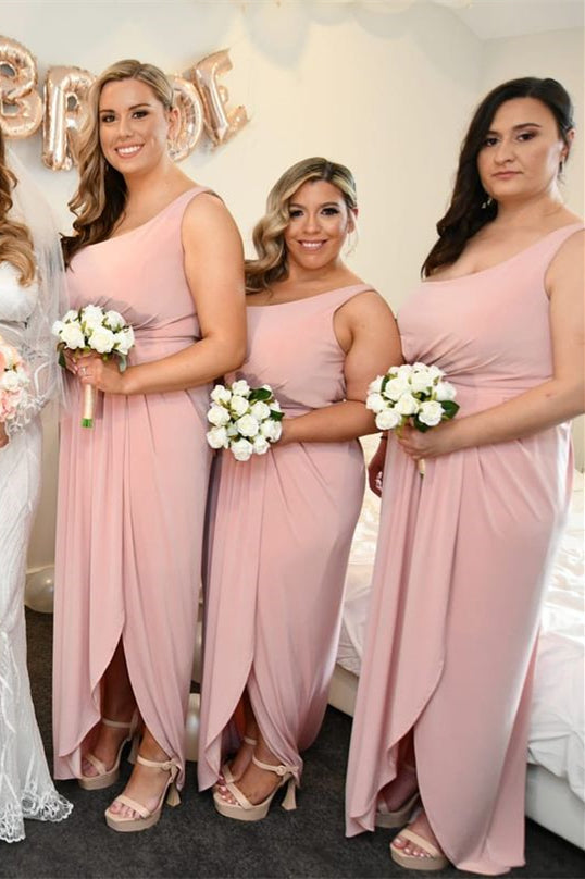Isla | Pink One-Shoulder Satin Mermaid Bridesmaid Dress with Faux-Wrap Detail