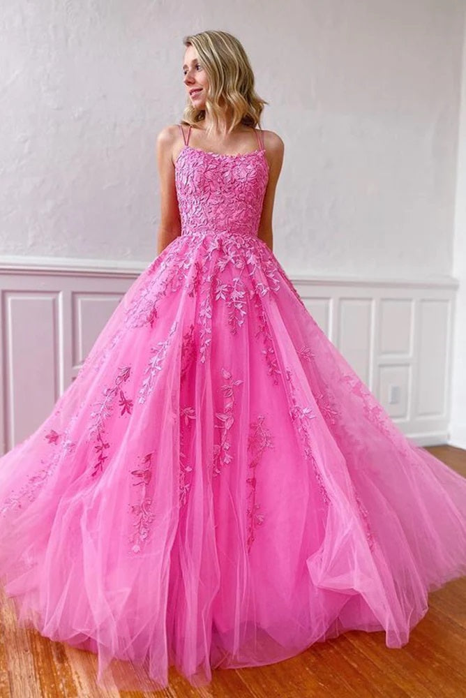 Cute A Line Scoop Neck Pink Tulle Prom Dresses with Appliques LD062904