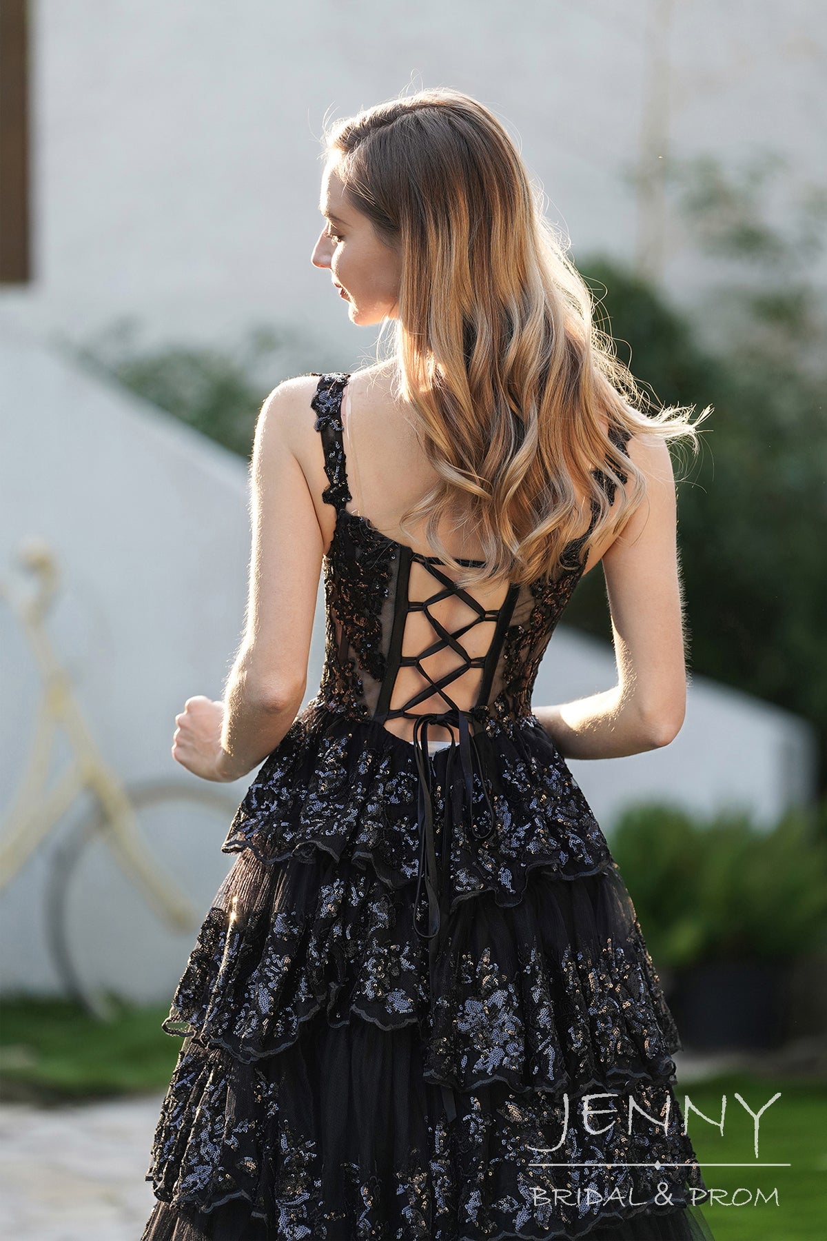 Elegant Black A-Line Tiered Tulle Prom Dress with Sweetheart Neck, Slit, and Appliques