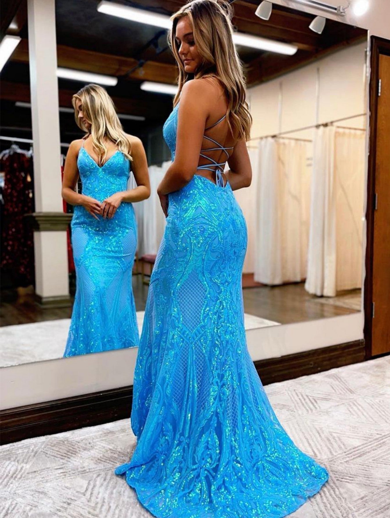Pink Glitter V-Neck Backless Mermaid Bodycon Long Prom Dress