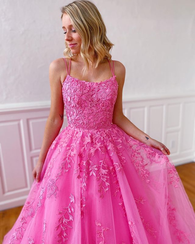 Cute A Line Scoop Neck Pink Tulle Prom Dresses with Appliques LD062904