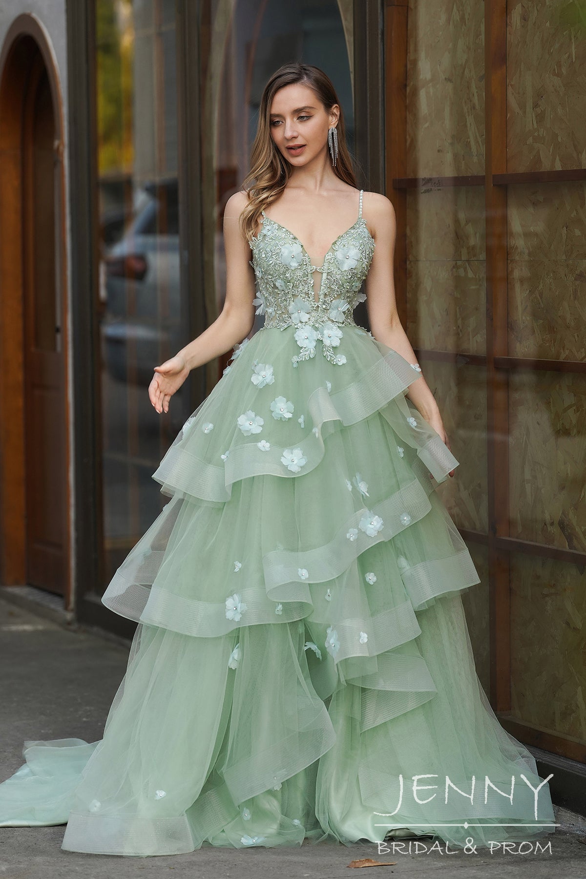 Romantic Light Green A-Line Tiered Tulle Prom Dress with Sweetheart Neck and Lace
