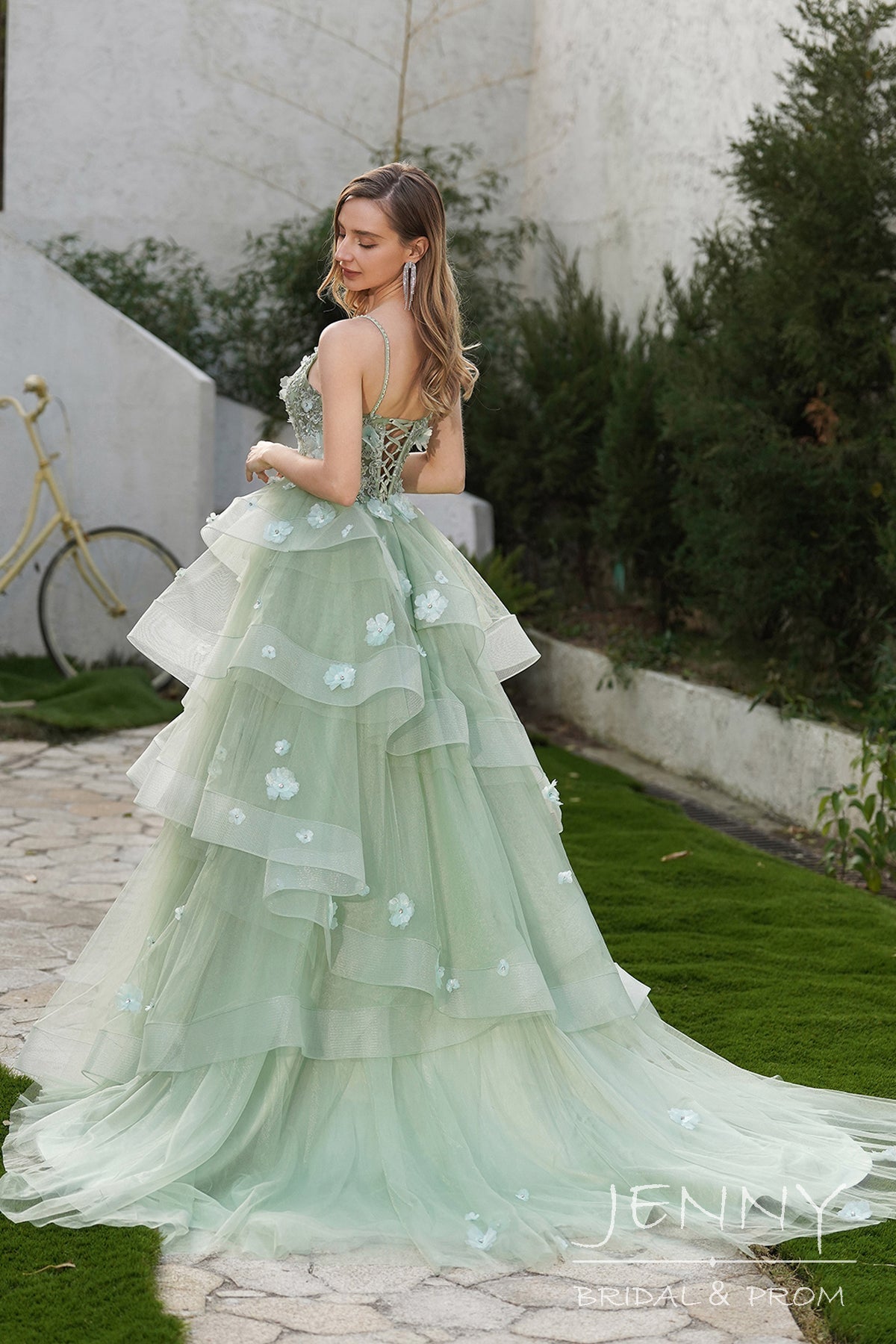 Romantic Light Green A-Line Tiered Tulle Prom Dress with Sweetheart Neck and Lace