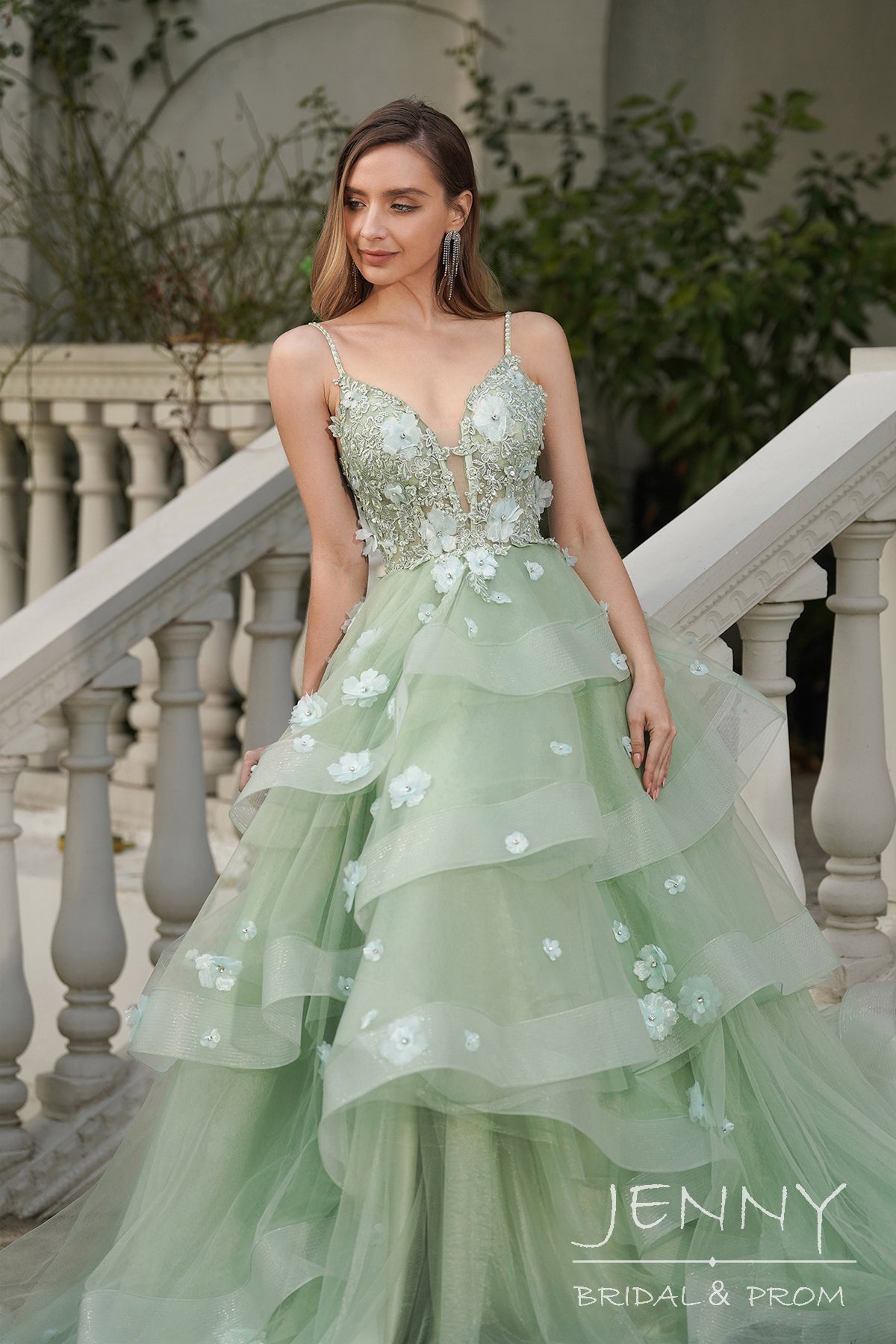 Romantic Light Green A-Line Tiered Tulle Prom Dress with Sweetheart Neck and Lace