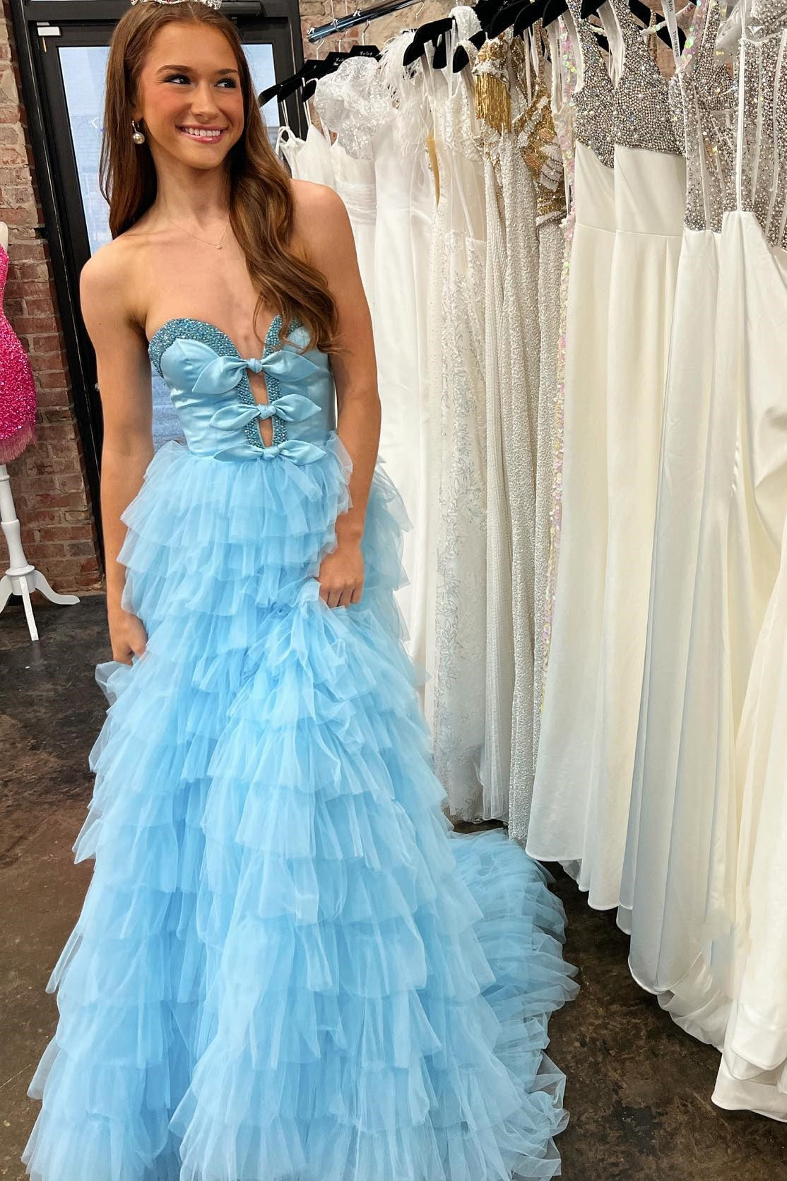 Peggy | Black Strapless Long Prom Dress with Bow and Ruffle Accents