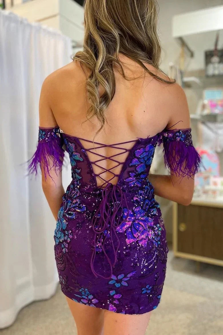 Selena | Off-the-Shoulder Bodycon Lace Homecoming Dress with Feathers and Sequin Appliques