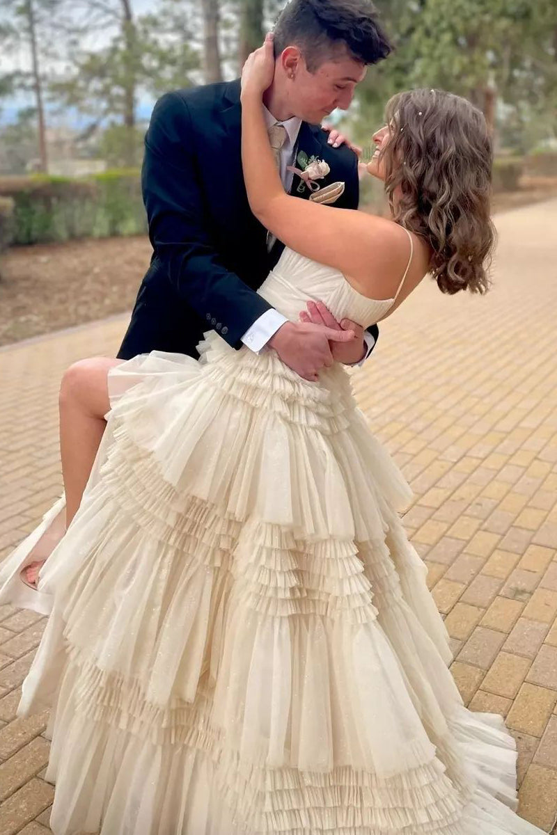 Cute Ball Gown Scoop Neck Light Champagne Tiered Tulle Prom Dresses LD0625101