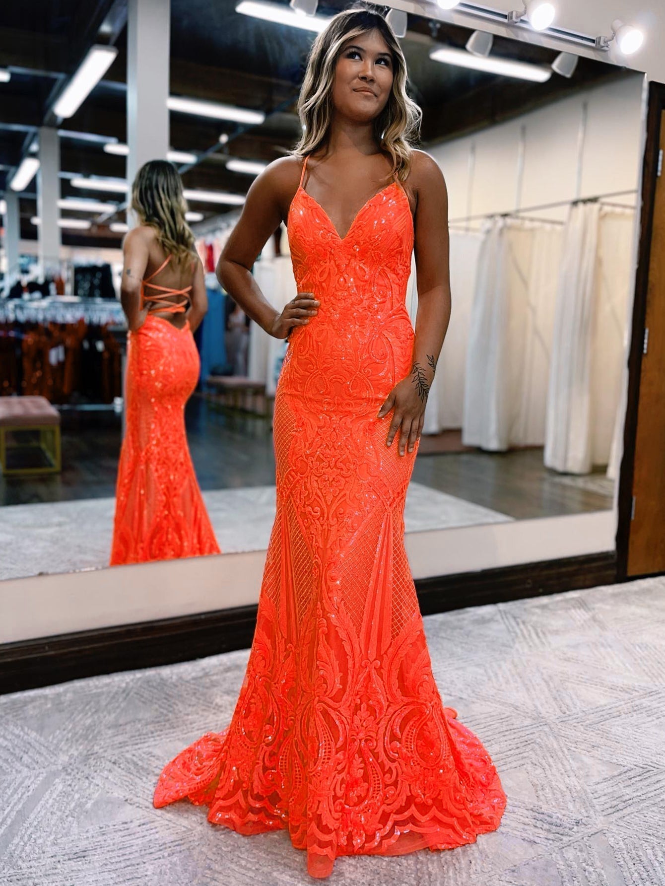 Pink Glitter V-Neck Backless Mermaid Bodycon Long Prom Dress