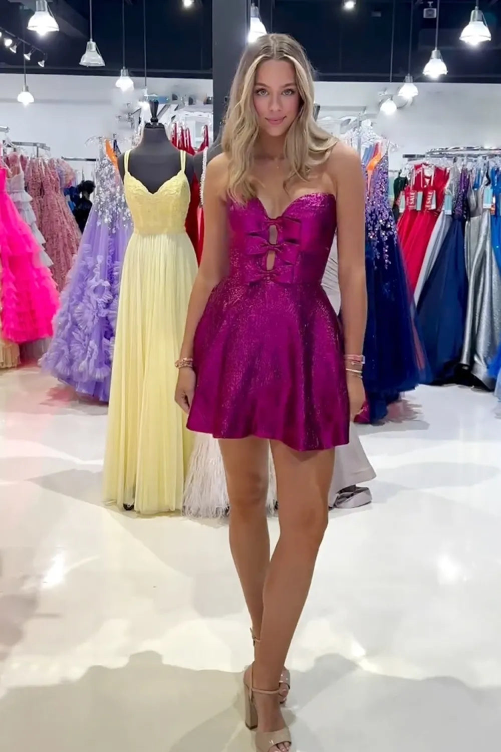 Cute Strapless A-Line Strapless Short Glitter Homecoming Dresses LD072602