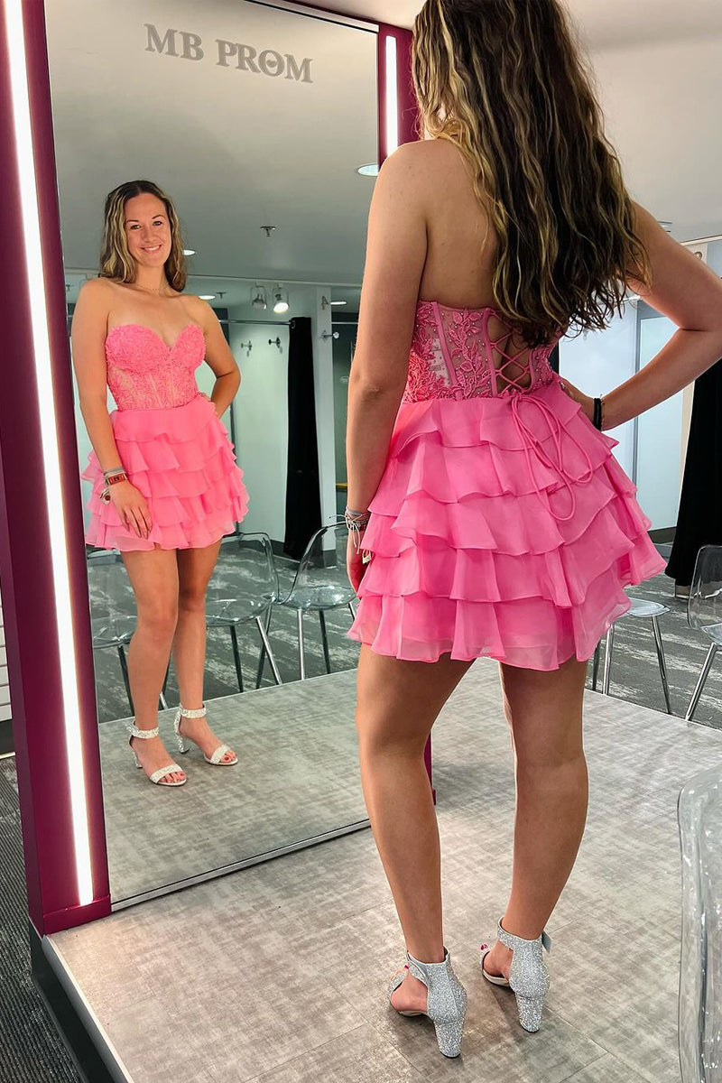 Cute A Line Sweetheart Hot Pink Tiered Homecoming Dresses with Appliques LD071307