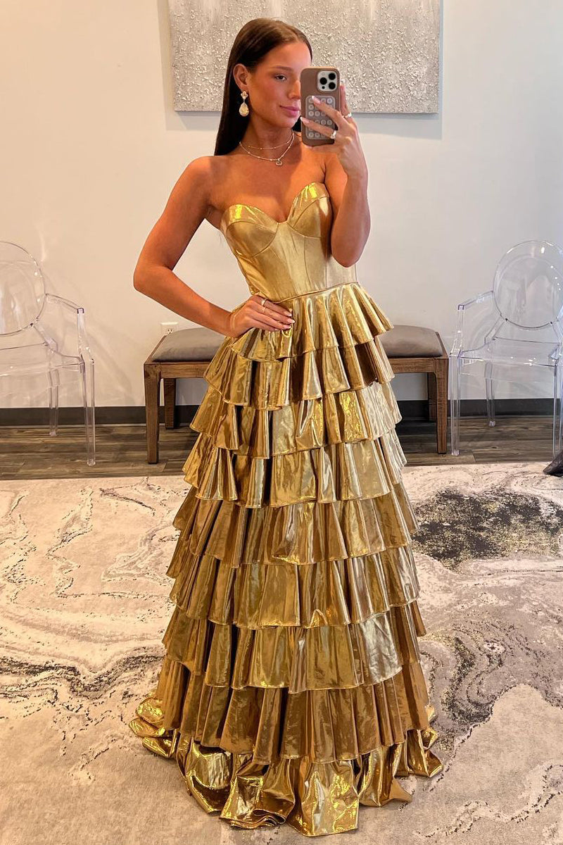 Cute Sweetheart Gold Ruffle Tiered Satin Long Prom Dresses LD062595