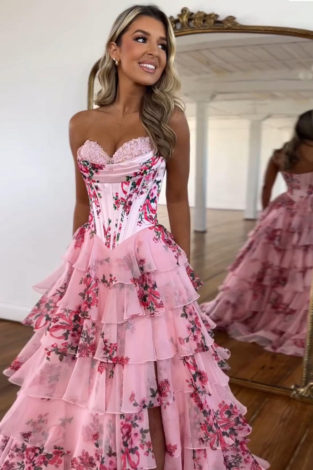Floral Sweetheart Neck A-Line Chiffon Prom Dress with Slit