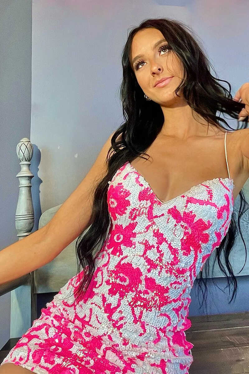 Cute Bodycon V Neck Pink Sequins Mini Homecoming Dress LD062541