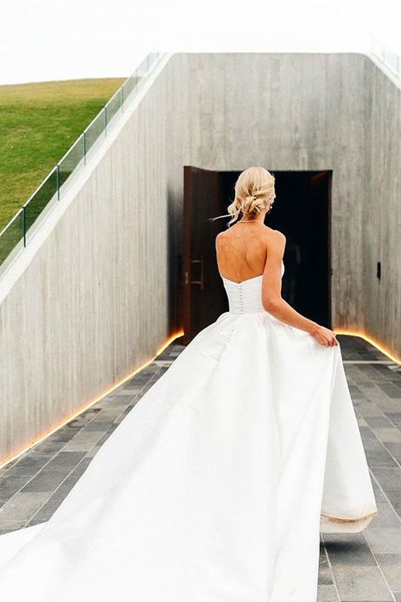 A-Line Satin Wedding Dress with Off-the-Shoulder Neckline and Detachable Straps