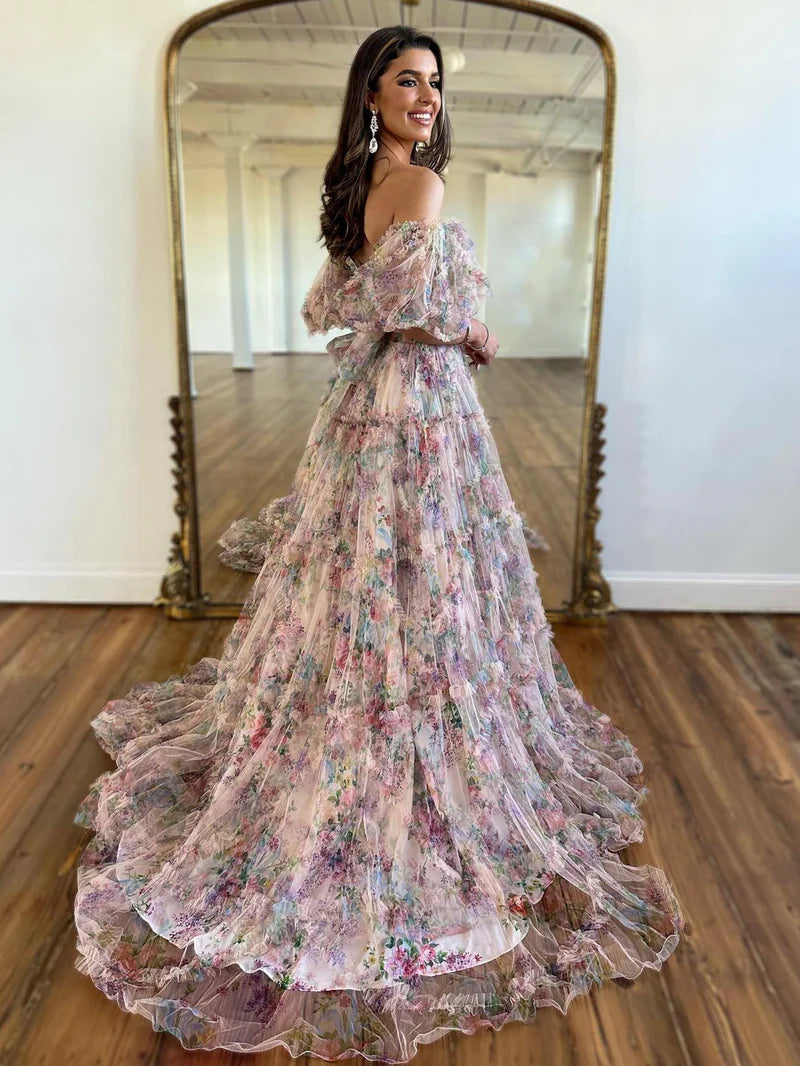 Floral Tulle A-Line Off-the-Shoulder Prom Dress