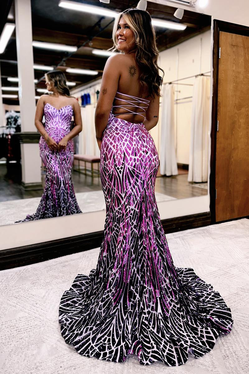Unqiue Mermaid Sweetheart Purple Sequins Long Prom Dresses LD062572