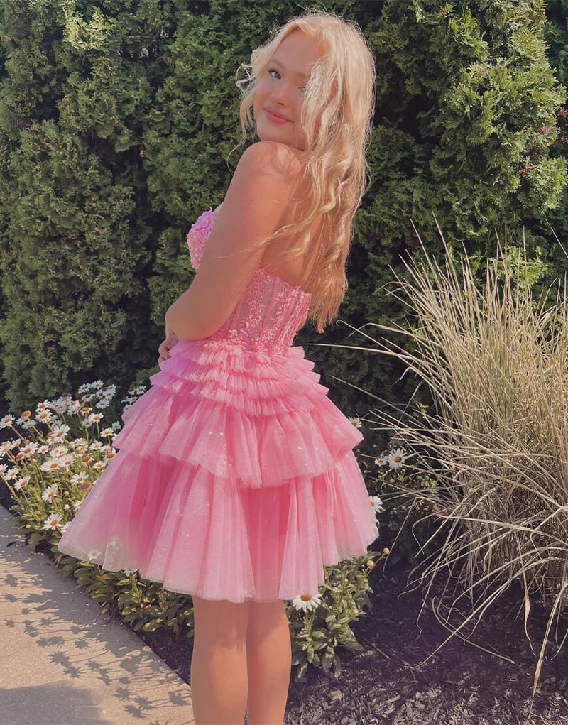 Pink Cute A-Line Sweetheart Tiered Short Homecoming Dresses with Appliques LD072605