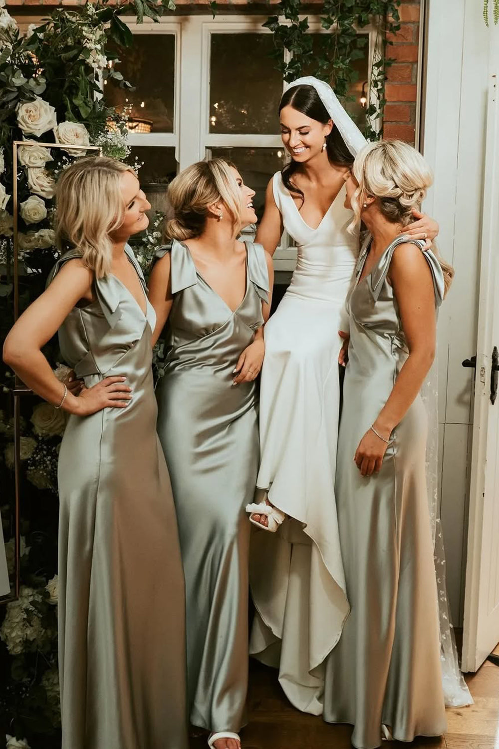 Chic Sheath V-Neck Sage Green Silk Satin Bridesmaid Dress