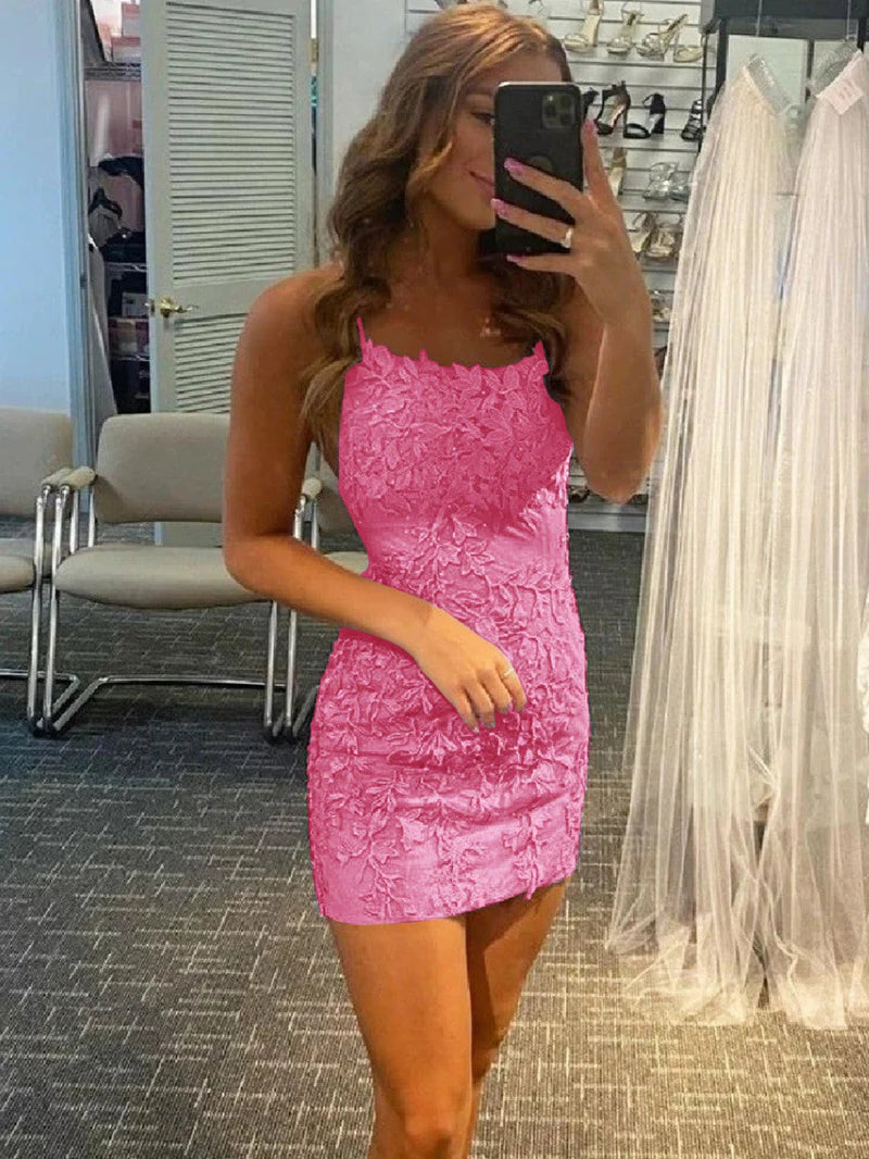 Lace Sheath Homecoming Dress with Spaghetti Straps