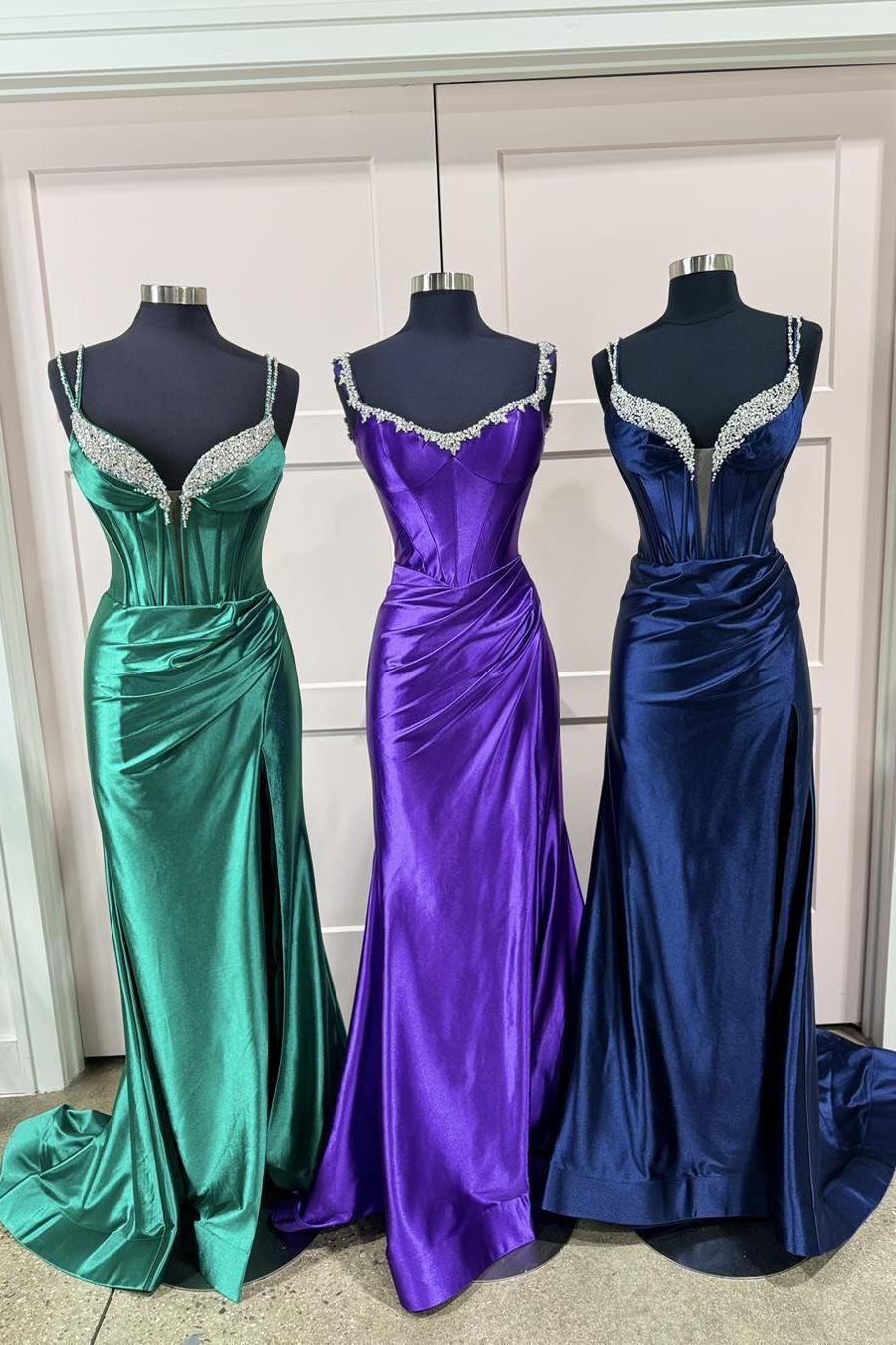 Fuchsia Satin Mermaid Prom Dress with V-Neck and Beading