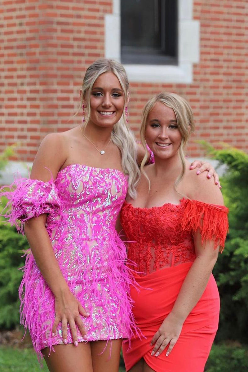 Gorgeous Bodycon Pink Sequins Homecoming Dresses with Feather LD070607