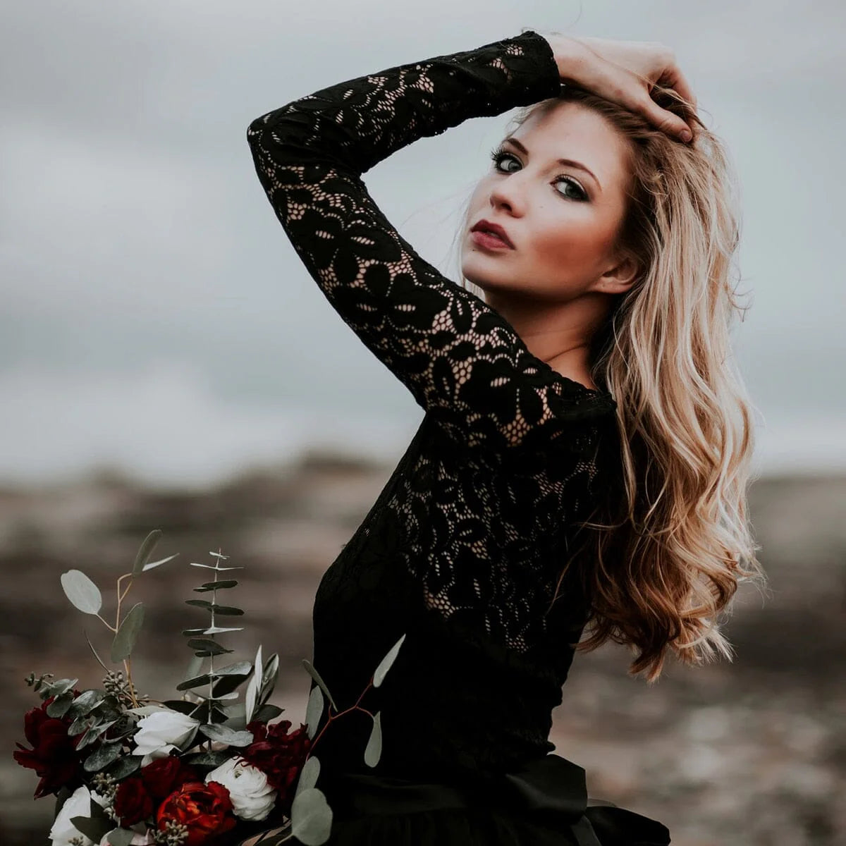 A-Line Black Lace Appliquéd Ball Gown Wedding Dress with Train