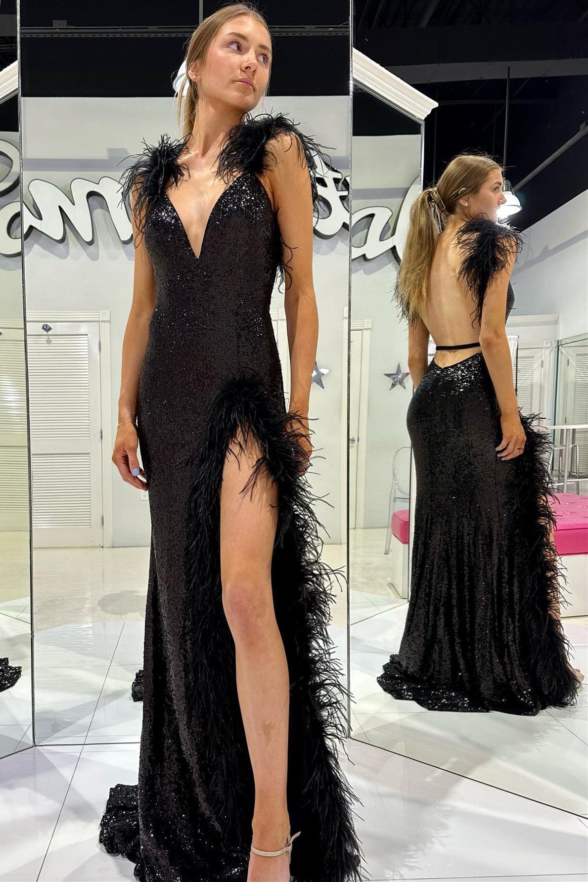Ivory V-Neck Sequin Mermaid Prom Dress with Feather Details