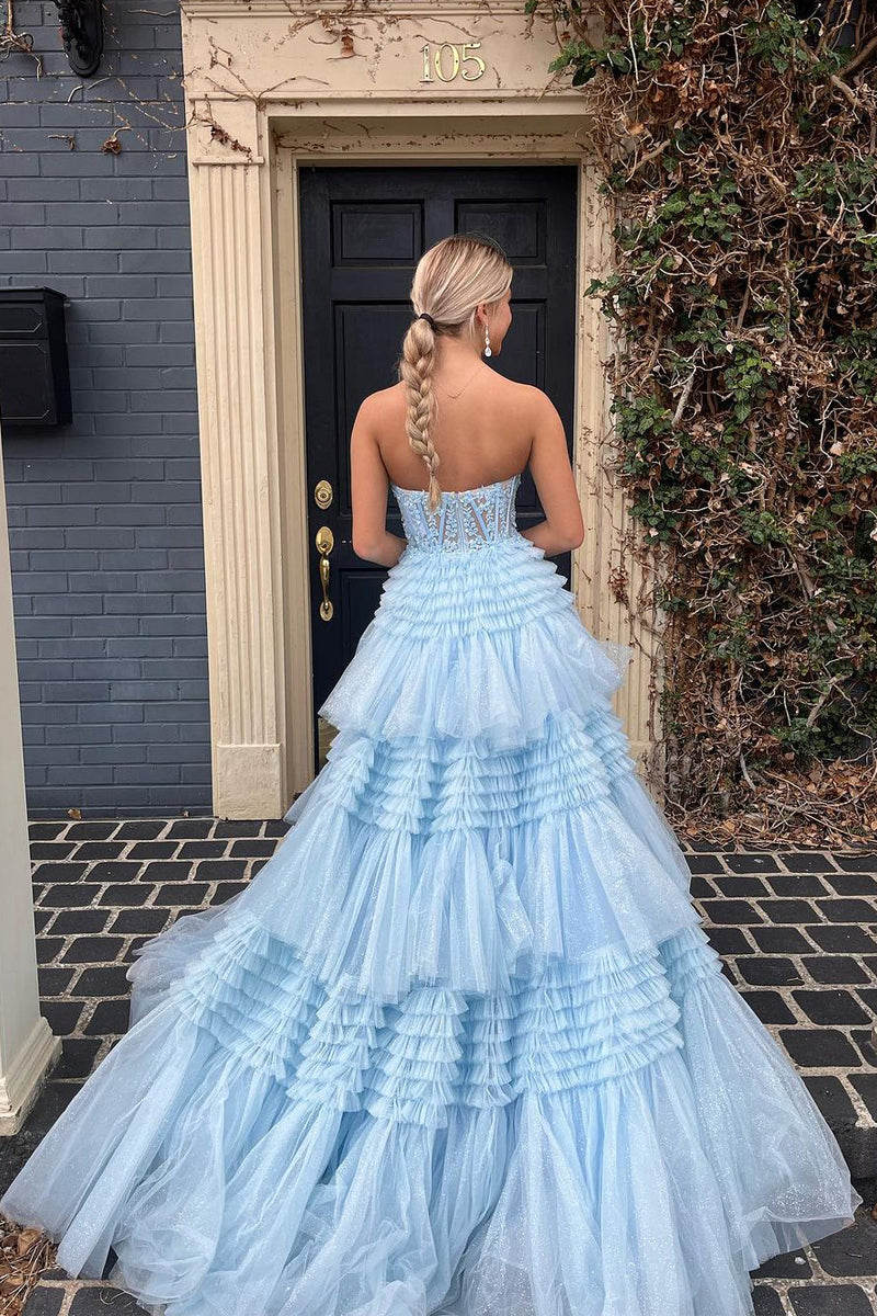 Cute A-Line Sweetheart Light Blue Ruffle Tiered Tulle Long Prom Dress LD062590