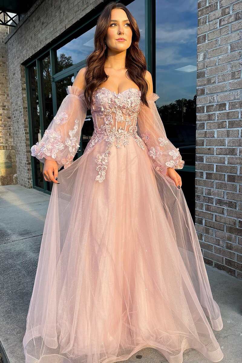 Pink A-Line Strapless Tulle Prom Dress with Detachable Balloon Sleeves