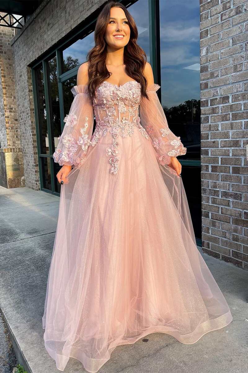 Pink A-Line Strapless Tulle Prom Dress with Detachable Balloon Sleeves