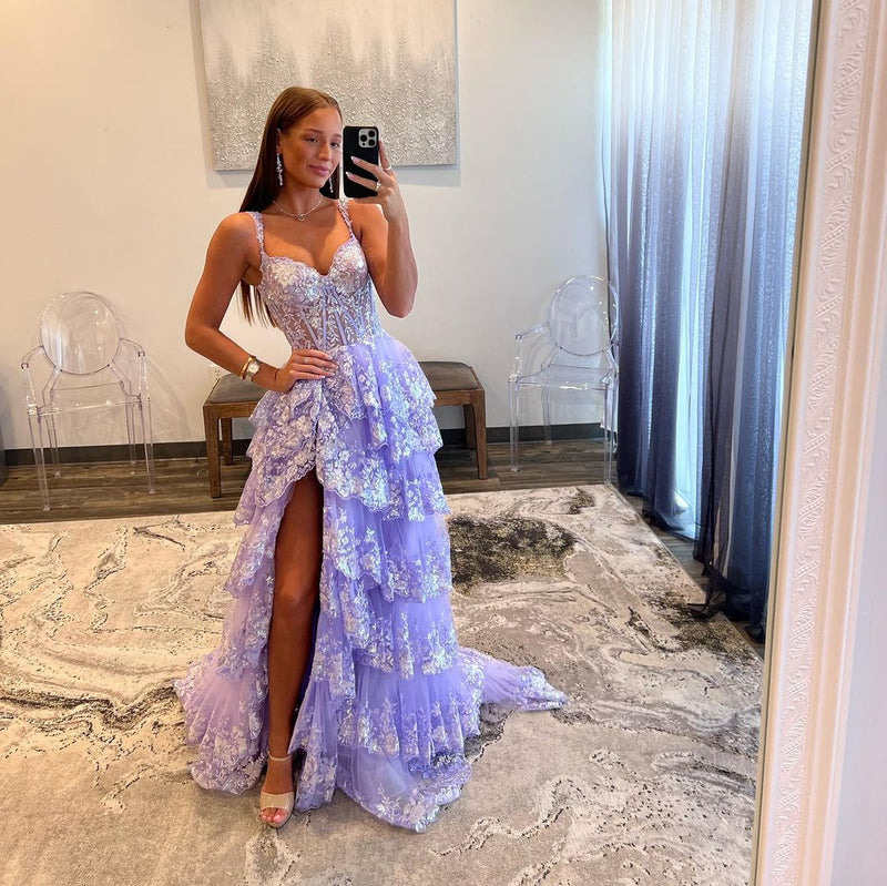 Lavender | Off-the-Shoulder A-Line Corset Prom Dress with Lace Ruffles Lovedreamdress Lavender | Off-the-Shoulder A-Line Corset Prom Dress with Lace Ruffles Lovedreamdress