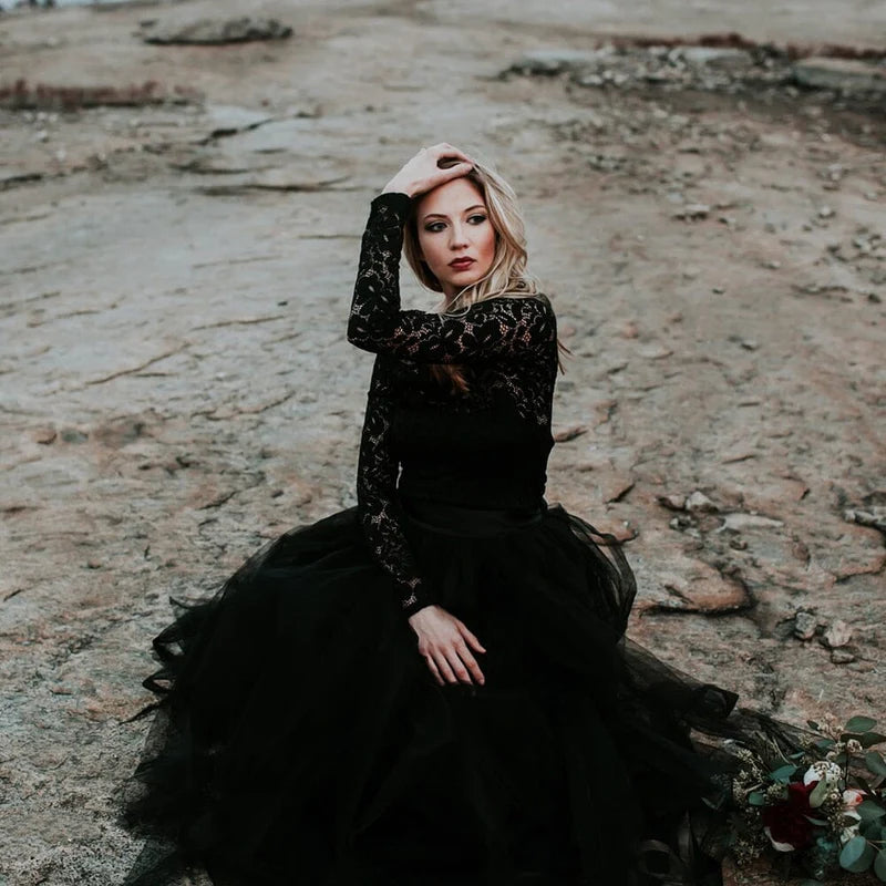 A-Line Black Lace Appliquéd Ball Gown Wedding Dress with Train