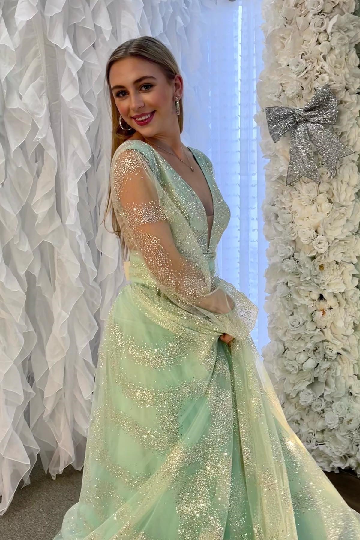 Dusty Sage V-Neck Beaded Long Prom Dress with Illusion Sleeves