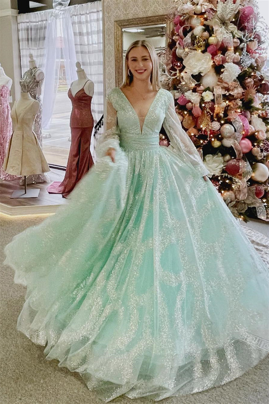 Dusty Sage V-Neck Beaded Long Prom Dress with Illusion Sleeves