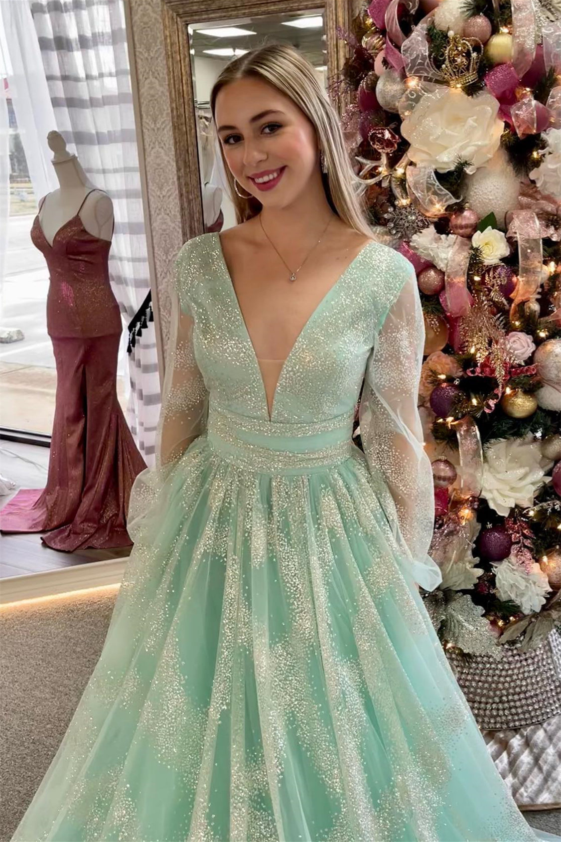 Dusty Sage V-Neck Beaded Long Prom Dress with Illusion Sleeves