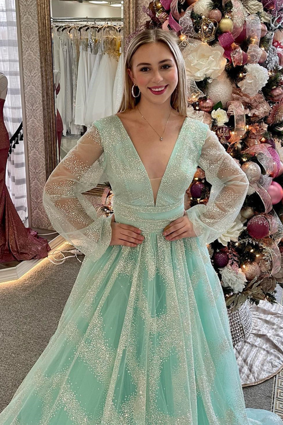 Dusty Sage V-Neck Beaded Long Prom Dress with Illusion Sleeves