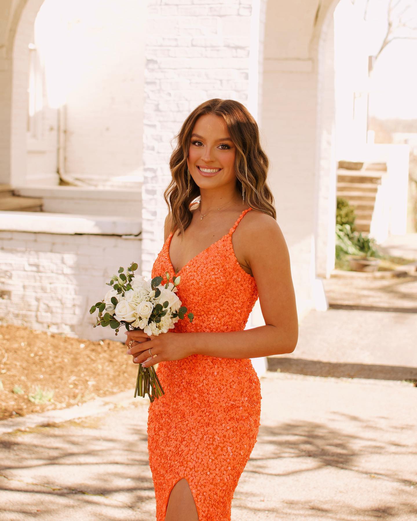 Cute Mermaid V Neck Orange Sequins Prom Dresses with Slit LD070307