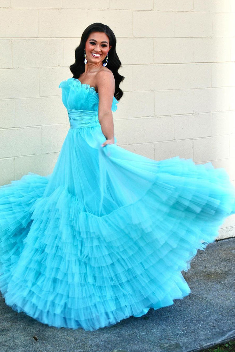 Cute Ball Gown Strapless Ruffle Tiered Tulle Prom Dresses LD062594