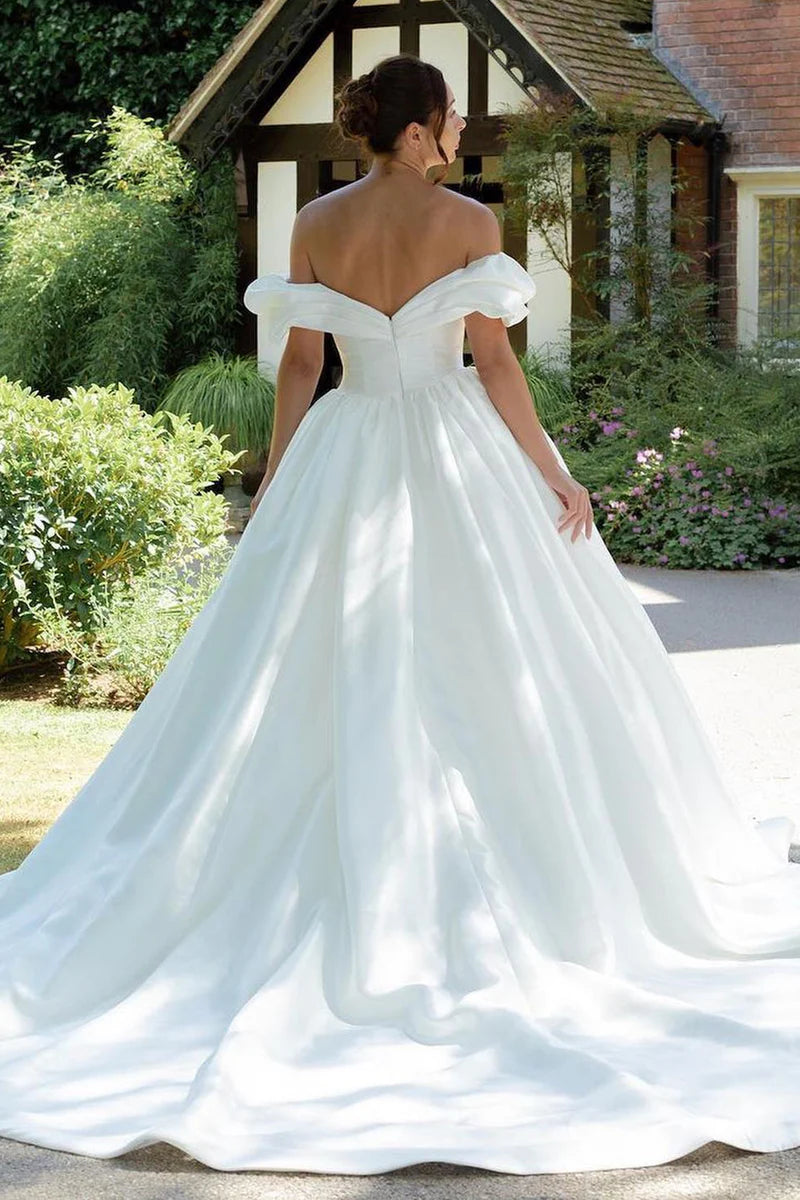 White Puff Off-the-Shoulder V Neck Sweeping Long Wedding Dress ld101005