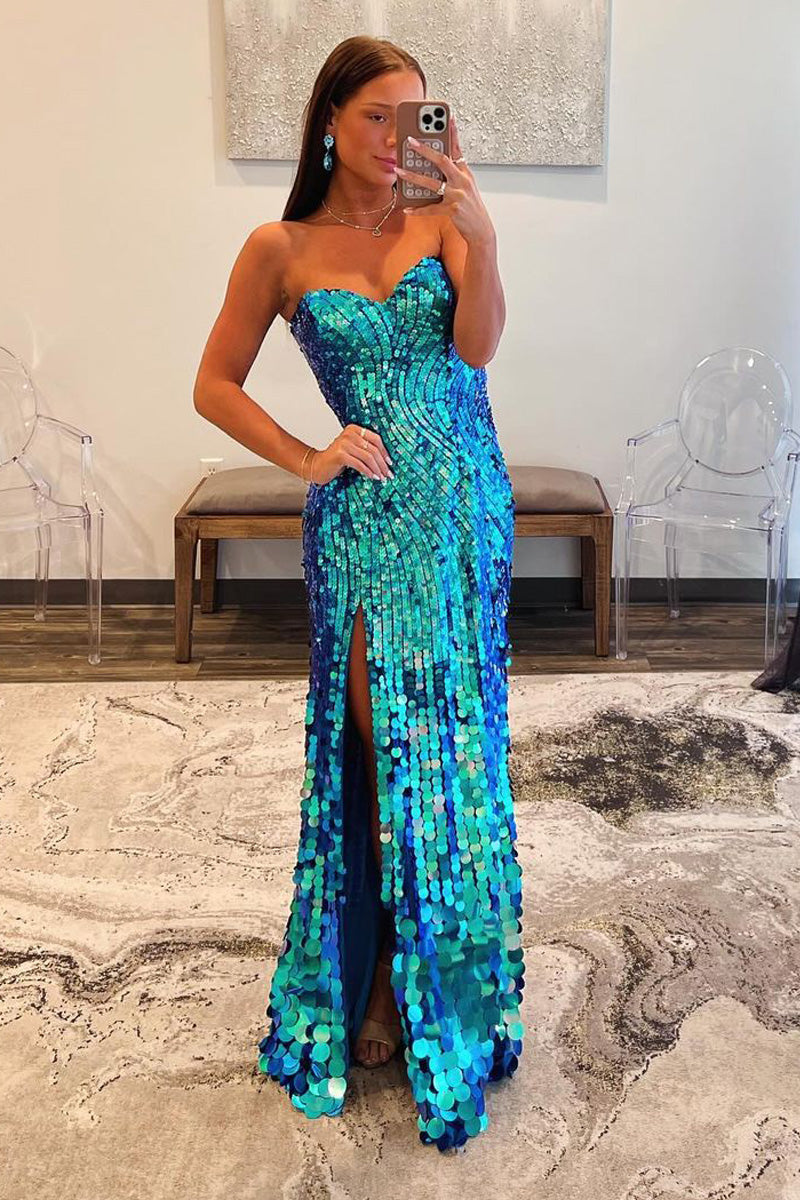 Cute Mermaid Sweetheart Sparkly Sequins Long Prom Dress with Slit LD062578