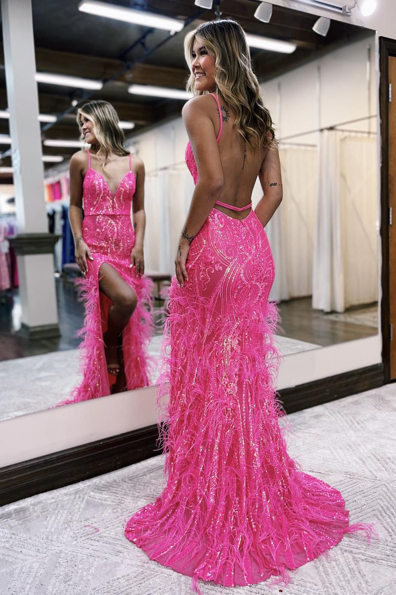 Charming Mermaid V Neck Hot Pink Sequins Long Prom Dresses with Feather LD070812