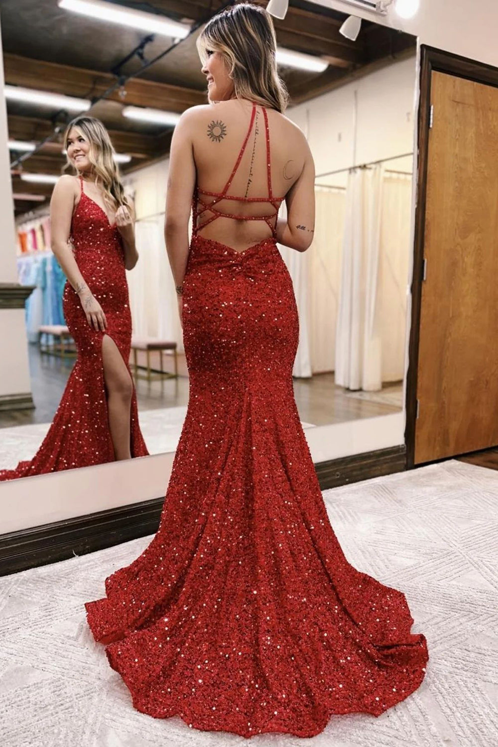 Marley | Sequined Halter Neck Mermaid Prom Dress with Slit
