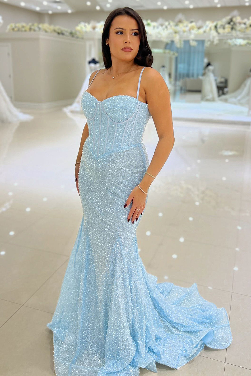 Sky Blue Mermaid Sweetheart Sequin Long Prom Dress