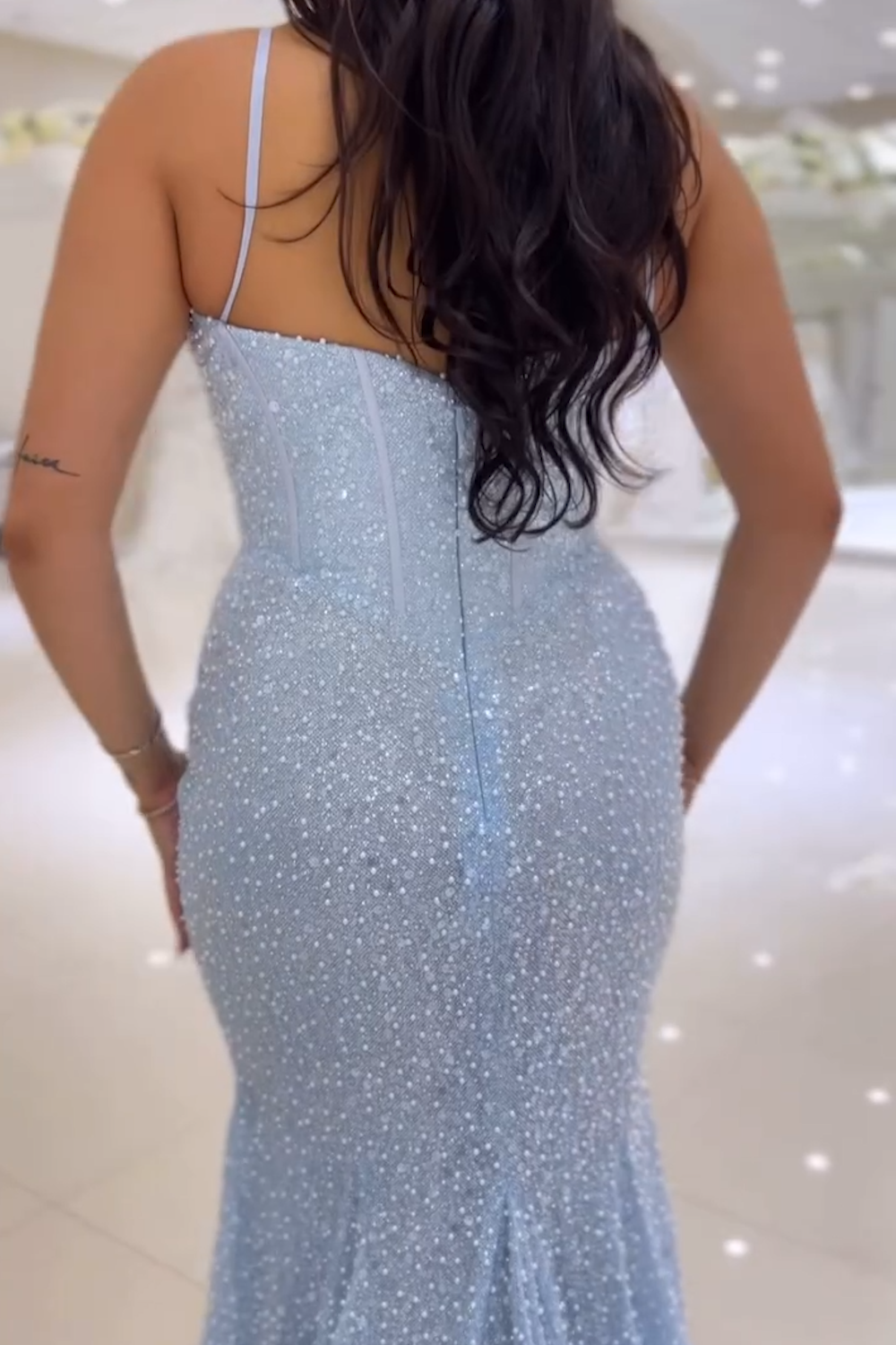 Sky Blue Mermaid Sweetheart Sequin Long Prom Dress