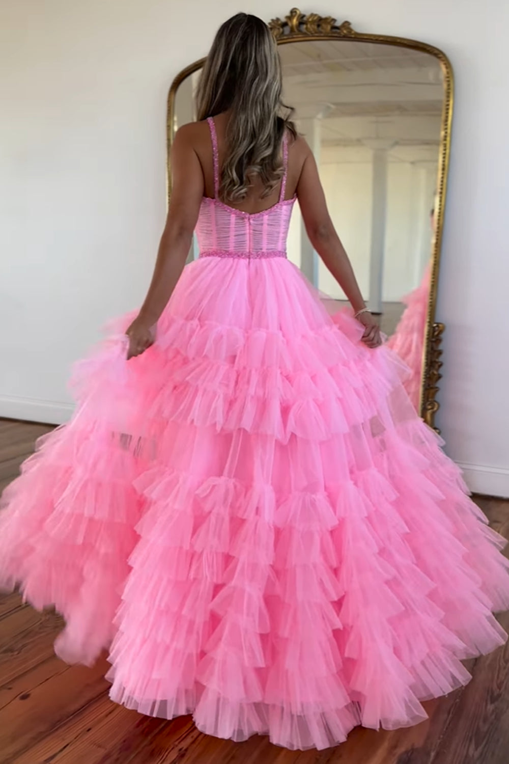 A-Line Sweetheart Beaded Long Prom Dress with Tiered Ruffles
