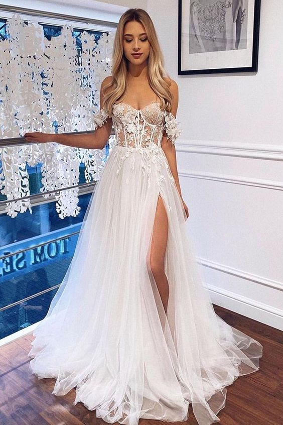 Fairy A Line Sweetheart Tulle Wedding Dresses with Appliques LD062537