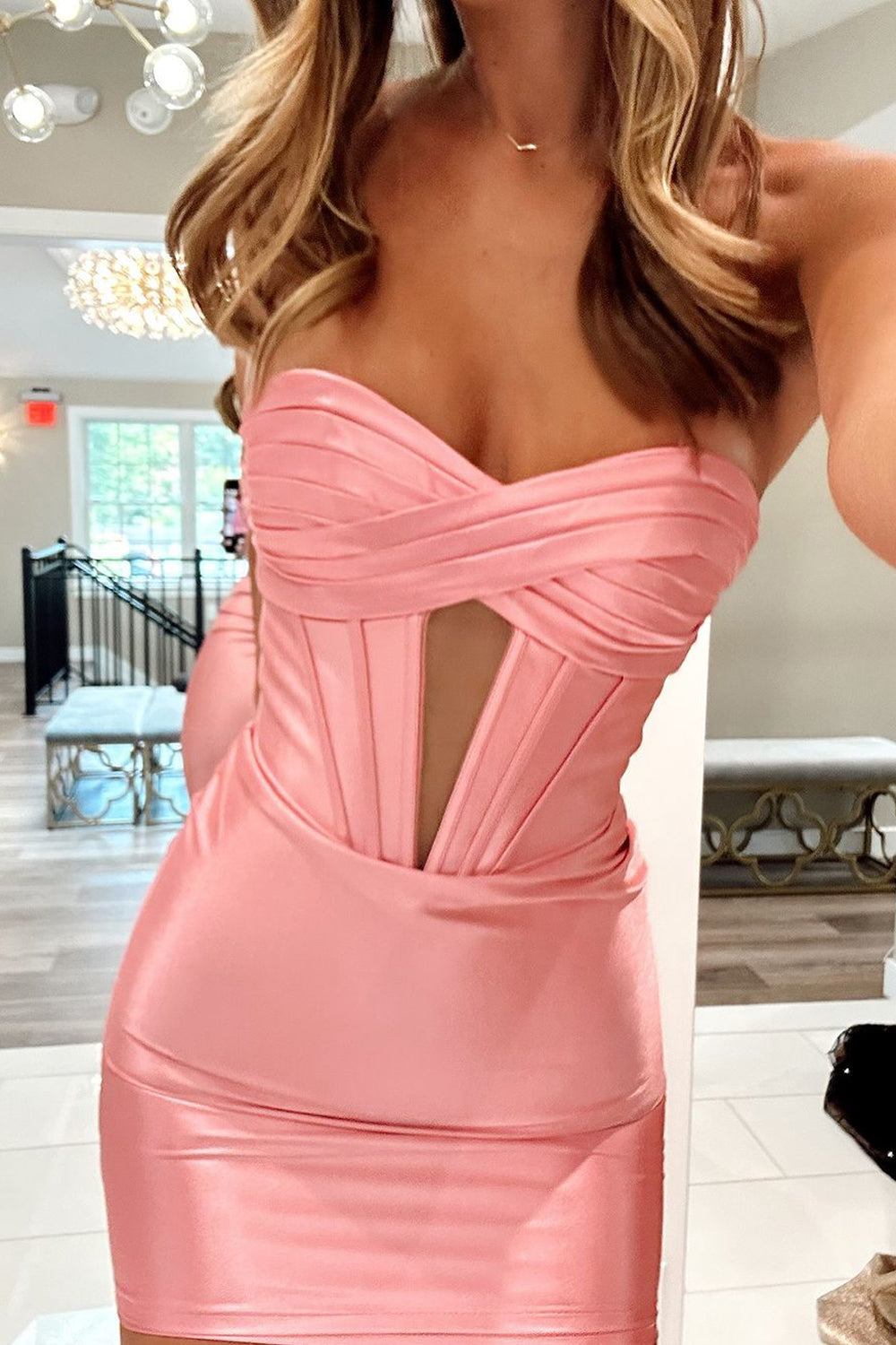 Cute Bodycon Sweetheart Pink Satin Short Homecoming Dresses LD080602