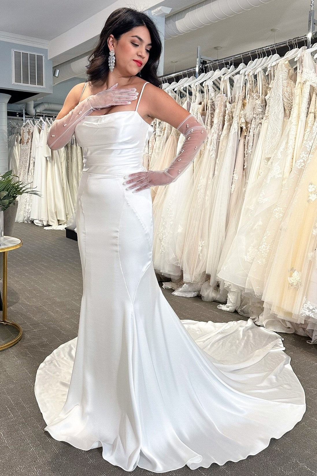 White Mermaid Wedding Dress with Cowl Neck and Covered Button Back