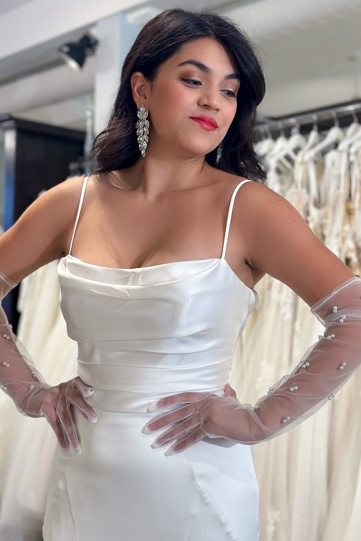 White Mermaid Wedding Dress with Cowl Neck and Covered Button Back